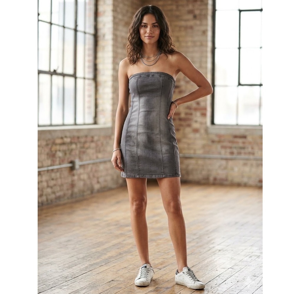 Refuge Denim‎ Strapless Tube Mini Dress Gray Faded Acid Wash Sz M Streetwear